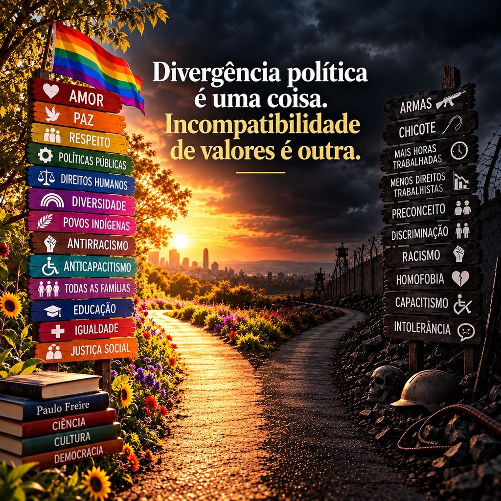 Divergência política
é uma coisa.
Incompatibilidade
de valores é outra.
De um lado
AMOR
PAZ
RESPEITO
POLÍTICAS PÚBLICAS
DIREITOS HUMANOS
DIVERSIDADE
POVOS INDÍGENAS
ANTIRRACISMO
ANTICAPACITISMO
TODAS AS FAMÍLIAS
EDUCAÇÃO
IGUALDADE
JUSTIÇA SOCIAL
Do outro lado
ARMAS
CHICOTE
MAIS HORAS
TRABALHADAS
MENOS DIREITOS
TRABALHISTAS
PRECONCEITO
DISCRIMINAÇÃO
RACISMO
HOMOFOBIA
CAPACITISMO
INTOLERÂNCIA
Paulo Freire
CIÊNCIA
CULTURA
DEMOCRACIA