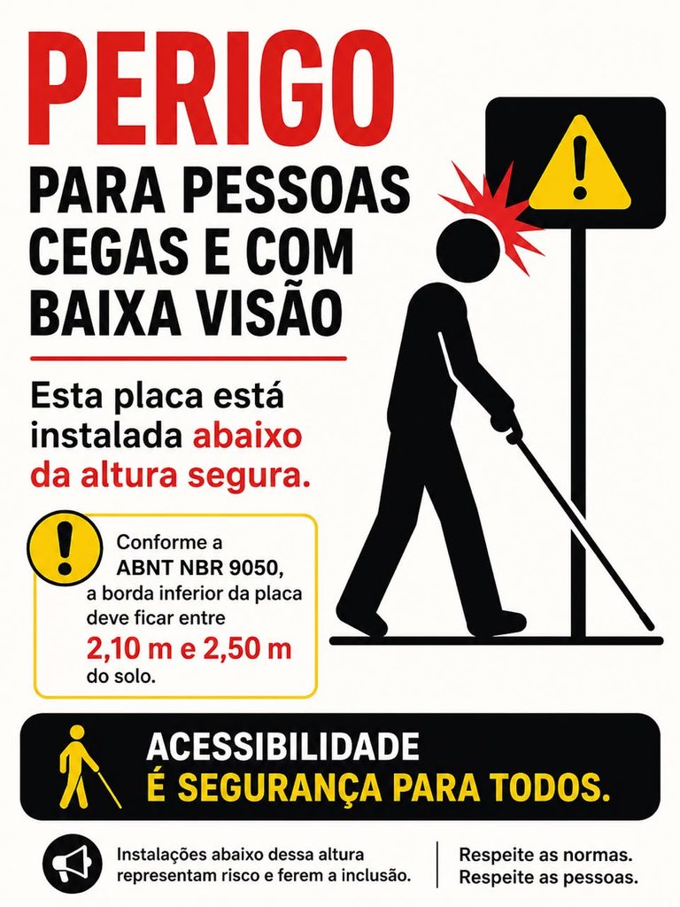 PARA PESSOAS
CEGAS E COM
BAIXA VISÃO

Esta placa está
instalada abaixo
da altura segura.

!

!

Conforme a
ABNT NBR 9050,
a borda inferior da placa
deve ficar entre
2,10 m e 2,50 m
do solo.

ACESSIBILIDADE
É SEGURANÇA PARA TODOS.

Instalações abaixo dessa altura
representam risco e ferem a inclusão.

-

Respeite as normas.
Respeite as pessoas.